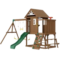 VEVOR Wooden Swing Set, 9 IN 1 Outdoor Playground Sets for Backyards, 2 Swings, Trapeze Bar, 6 FT Slide, Large Upper Fort with Kitchen Toys, Flat Step Ladder, Rock Wall, Picnic Table, Sandbox | VEVOR US