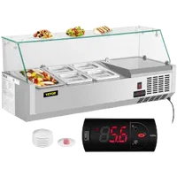 VEVOR Refrigerated Condiment Prep Station, 40-Inch, 7.8Qt Sandwich Prep Table with 1 1/3 Pan & 4 1/6 Pans, 150W Salad Bar with 304 Stainless Body Tempered Glass Shield Digital Temp Display Auto Defros | VEVOR US