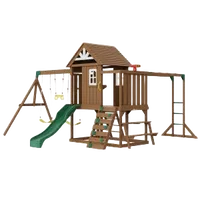 VEVOR Wooden Swing Set, 10 IN 1 Playground Sets for Backyards, 2 Swings, Trapeze Bar, 6FT Slide, Large Upper Fort with Kitchen Toys, Flat Step Ladder, Rock Wall, Picnic Table, Sandbox, Scaling Ladder | VEVOR US