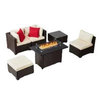 VEVOR 6-Piece Outdoor Patio Furniture Set, Wicker Rattan Outdoor Sectional Conversation Set with 50000BTU Propane Fire Pit Table, Cushioned Sofas, Coffee Table & Ottoman for Patio Garden Backyard | VEVOR US