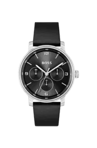 Leather-Strap Watch With Black Dial Men's Watches