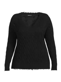 Women's Frayed Cable-Knit V-Neck Sweater